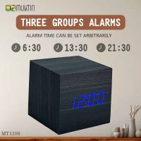 Creative clock multi-functional temperature and humidity wooden alarm clock Simple wooden clock Multi-functional student gift electronic clock  (black color )