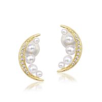 925 Sterling Silver Moon-Shaped Earrings with Natural Freshwater Pearl, 18K Gold Plated, Wholesale Gift Jewelry