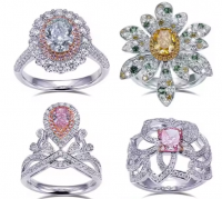 Customizable 18k gold set diamond rings cultivate yellow pink and blue-green diamonds