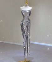  Glamorous Silver Sequin Strapless Evening Gown