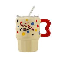 Cute Cartoon - Patterned Ceramic Mug with Lid and Straw - 500ML, Ideal for Gifting