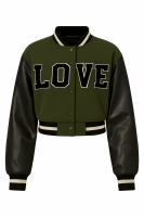  Women Cropped Varsity Bomber Jacket with Contrast Genuine Leather Sleeves and Ribbed Trim for Everyday Street Style