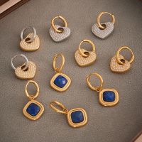 Wholesale Lapis Lazuli Ear Clips, Love Shape & Full Zircon hoop earrings, PVD Real Gold Plated