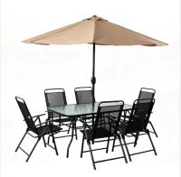 6 Seater All Weather Outdoor Dining Set - Steel Frame with Glass Top Table and Chairs