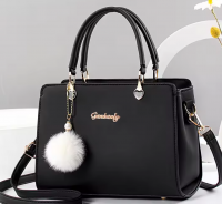 Black Faux Leather Handbag with Pom Pom Charm 