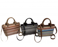 Striped Straw Woven Tote Bag with Top Handle & Crossbody Strap 