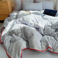 Fresh Light Blue Double-Layer Gauze 4-PieceBedding Set with Red Zigzag Trim, MinimalistCotton Bed Linen