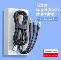 Multi-function 3-in-1 Fast Charging Data Cable, Braided Nylon Cord for iPhone, Type-C &amp; Micro USB