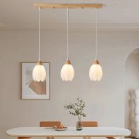Creamy log-style living room chandelier retro dining room light main bedroom lamp magnolia eye-protective lighting fixtures made of solid walnut wood