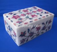 Marble Jewelry Box Lapis Lazuli Luxury Handmade Mosaic Inlay Floral Indian Gift Box