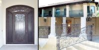 iron entry door, rod iron railing, balcony railing, iron front door