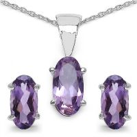 3.42CTW Genuine Amethyst Shape .925 Sterling Silver Oval Shape Pendant Set