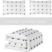 Tufted Reversible Navy Pom Pom All Season Down Alternative Bedding Comforter White&Navy