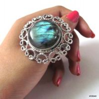 HUGE CHARMING LABRADORITE ADJUSTABLE SILVER TONE RING