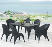 Black rattan wicker dining table, dining chairs with cushion