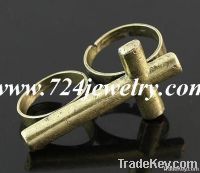 Gold Plated Cross Ring Two Finger RIngs, 100 Pcs/Lot