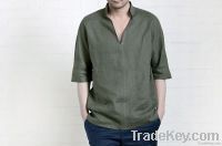 2011 man&#039;s latest V-neck linen army green casual shirt