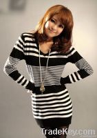 Ladies Striped Sweater V-Neck Dresses