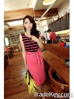 Elastic Waist Stripes Sleeveless Fashion Dress with Belt