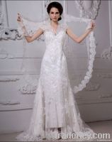 Beautiful Mandarin Collar Cathedral Train Lace Sheath Wedding Dress