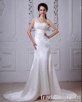 Charmeuse Applique Ruffles One Shoulder Cathedral Train Sheath Wedding