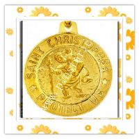 Wholesale high quality cheap Yellow Gold Ladies St Christopher Round Medal Satin Pendant on 18Diamond Cut Curb Chain