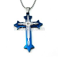 Blue Silver Stainless Steel Necklace Cross