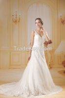 2015 guangzhou new arrival french lace A-line wedding gowns with beading belt/long train 1867