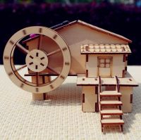 Solar DIY wood toy solar waterwheel cabin assembly model novel gift