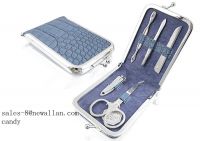 Blue crocodile manicure set with metal frame