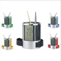 Plastic Pen Holder With Clock table pen holder