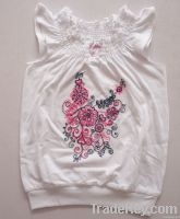 little girl wings sleeve smocking t shirt with flower embroidery