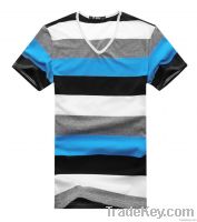 Fashion men's cotton lycra v-neck stripe T-shirt with short sleeves