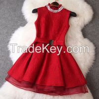 2014 New Evening Party Dresses European Style American Apparel Winter Women Dresses Large Beaded Collar Slim Organza Red Dress Bride wedding dresses