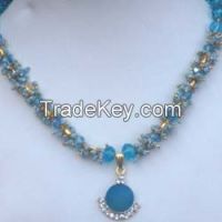 Blue Crystal Stone Pendant Beaded Necklace