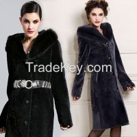 2015 Women Luxury Mink Hair Trim Hooded Elegant Long 100% Guaranteed Genuine Leather Sheepskin Wool Clothing Outerwear Fur Coats