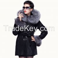 2015 Luxury Silver Fox Hair Collar Statehood Women's Black Sheepskin Wool Medium Long Real Fur Coat Clothing Outwear Overcoat