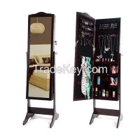 Wood Floor Standing Jewelry Cabinet Storage Box Organiser with Mirror